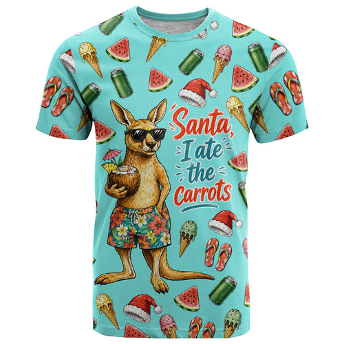 Aussie Christmas Santa T Shirt Retro Cartoon Summer Holiday Beach - I Ate The Carrots Kangaroo
