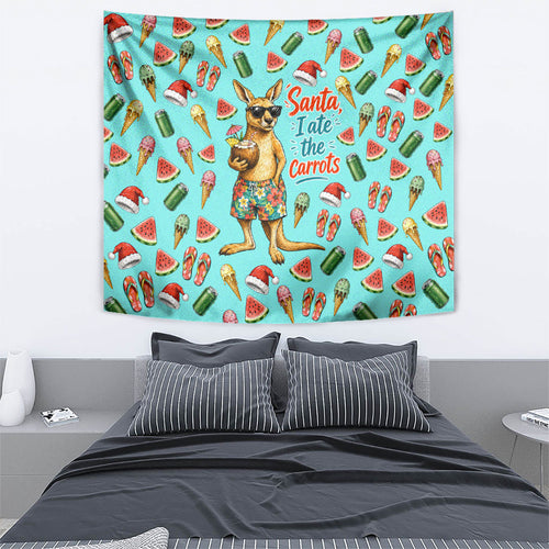 Aussie Christmas Santa Tapestry Retro Cartoon Summer Holiday Beach - I Ate The Carrots Kangaroo