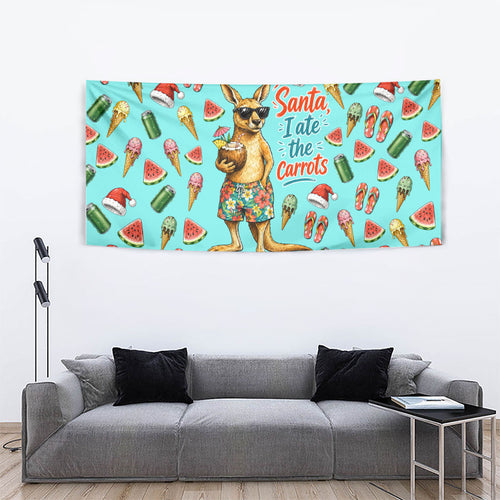 Aussie Christmas Santa Tapestry Retro Cartoon Summer Holiday Beach - I Ate The Carrots Kangaroo