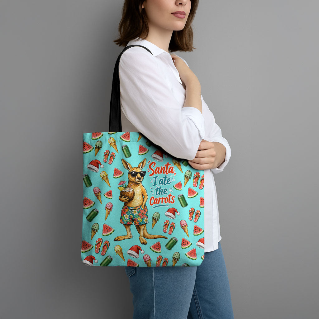 Aussie Christmas Santa Tote Bag Retro Cartoon Summer Holiday Beach - I Ate The Carrots Kangaroo