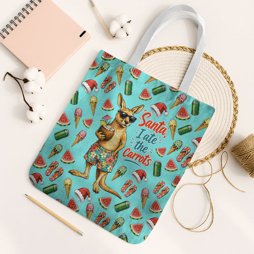 Aussie Christmas Santa Tote Bag Retro Cartoon Summer Holiday Beach - I Ate The Carrots Kangaroo