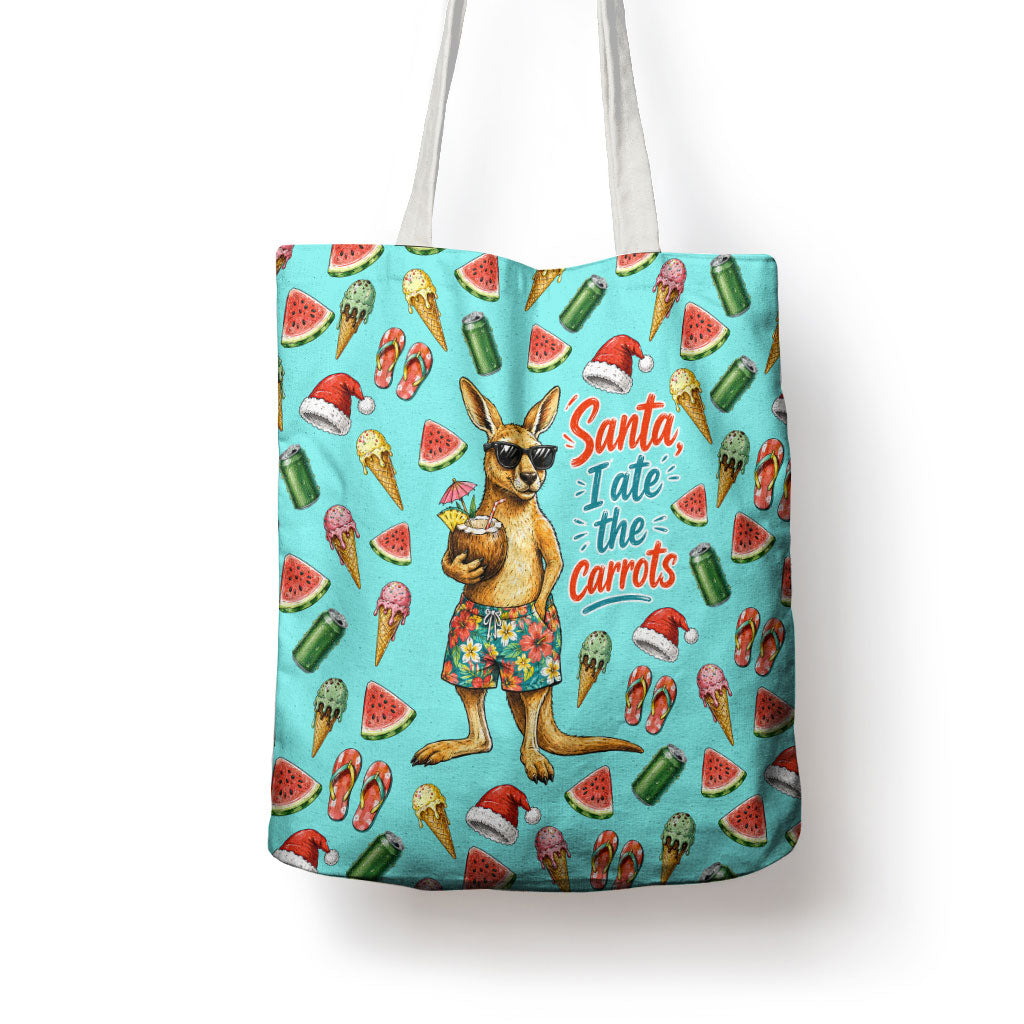 Aussie Christmas Santa Tote Bag Retro Cartoon Summer Holiday Beach - I Ate The Carrots Kangaroo