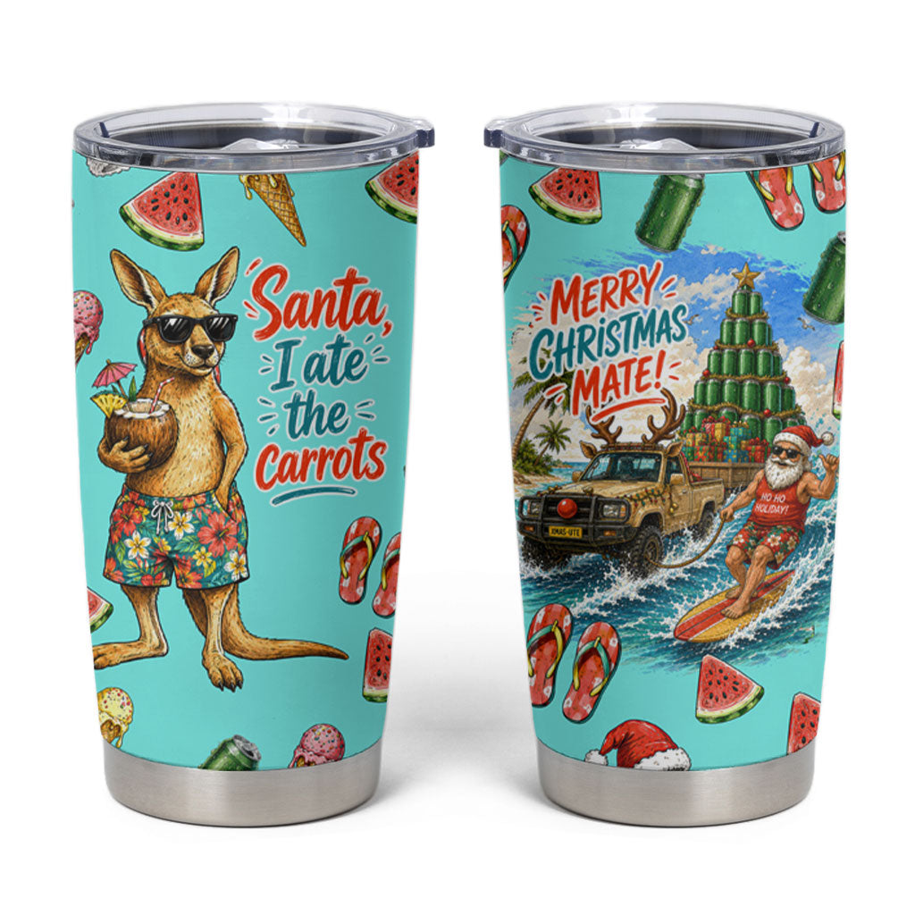 Aussie Christmas Santa Tumbler Cup Retro Cartoon Summer Holiday Beach - I Ate The Carrots Kangaroo