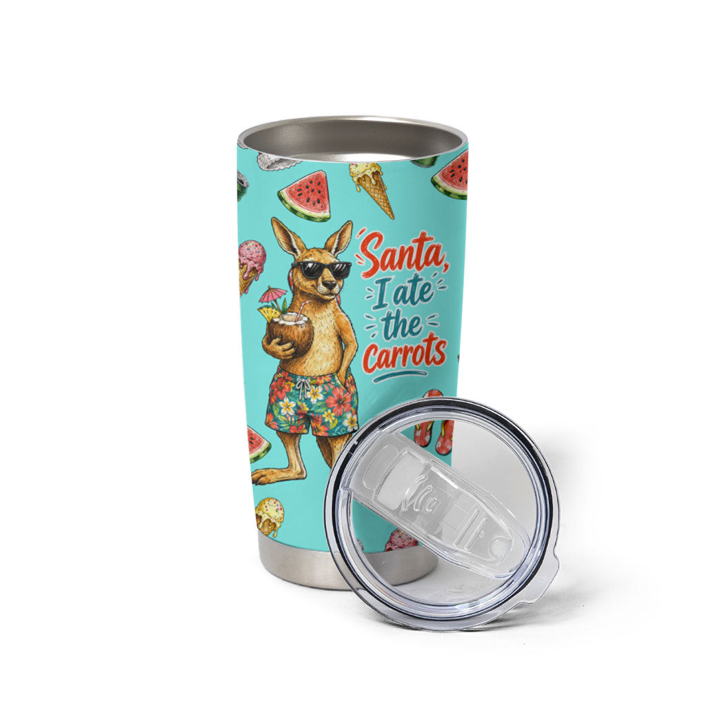 Aussie Christmas Santa Tumbler Cup Retro Cartoon Summer Holiday Beach - I Ate The Carrots Kangaroo