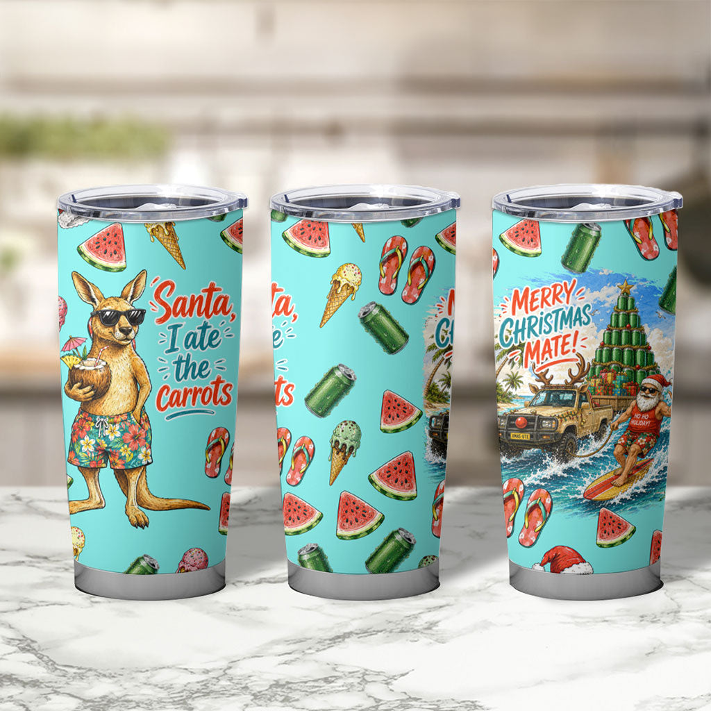 Aussie Christmas Santa Tumbler Cup Retro Cartoon Summer Holiday Beach - I Ate The Carrots Kangaroo