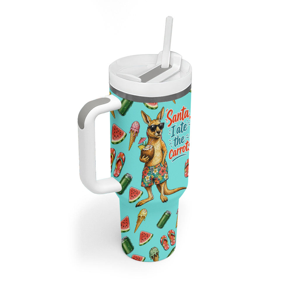 Aussie Christmas Santa Tumbler With Handle Retro Cartoon Summer Holiday Beach - I Ate The Carrots Kangaroo