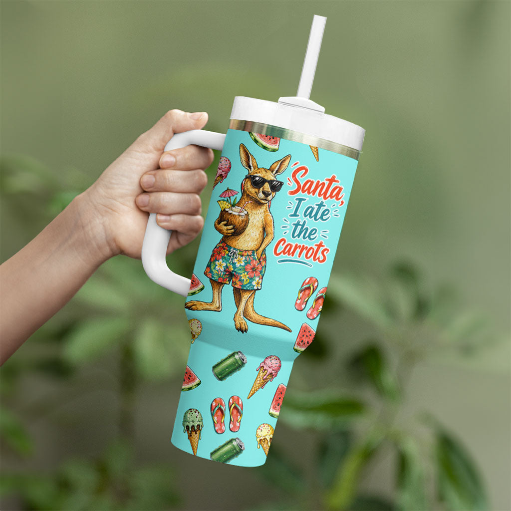 Aussie Christmas Santa Tumbler With Handle Retro Cartoon Summer Holiday Beach - I Ate The Carrots Kangaroo