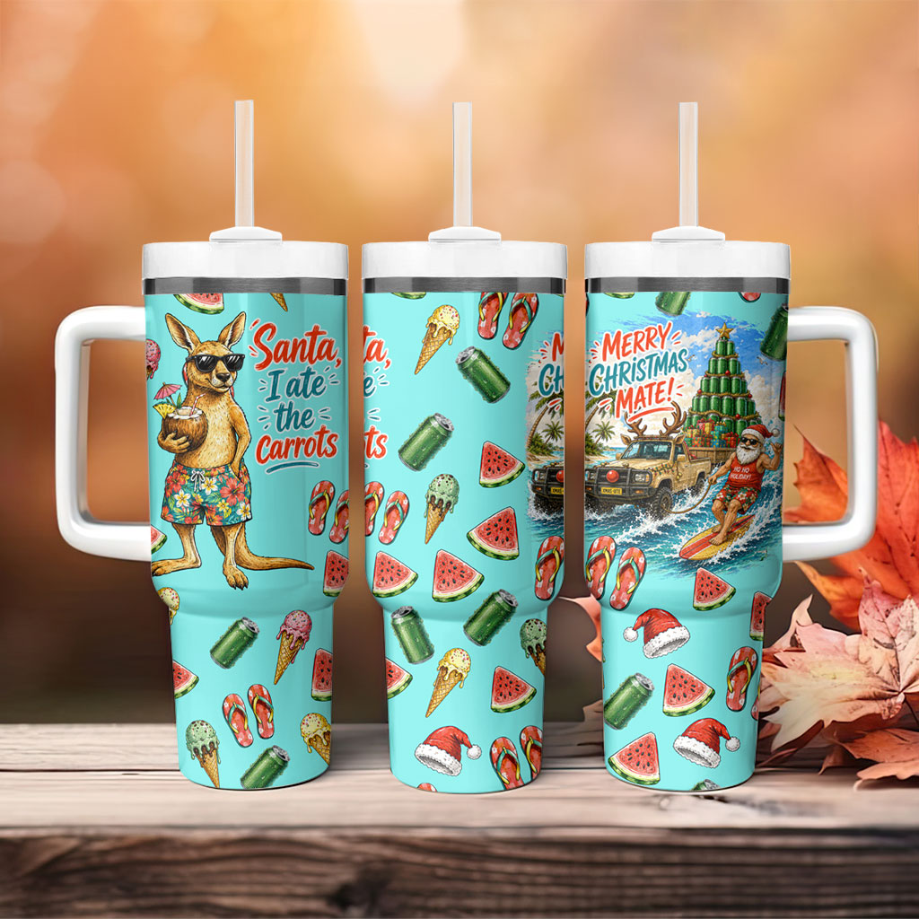 Aussie Christmas Santa Tumbler With Handle Retro Cartoon Summer Holiday Beach - I Ate The Carrots Kangaroo