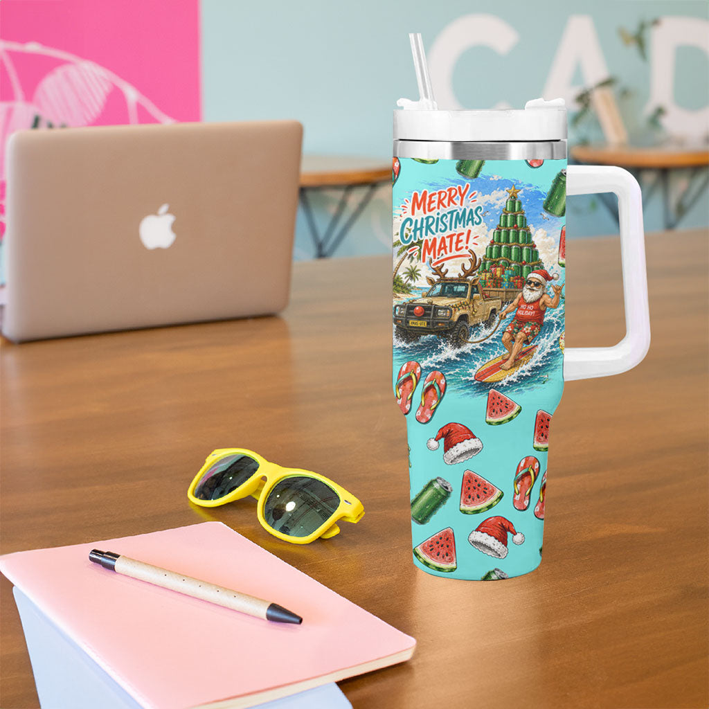 Aussie Christmas Santa Tumbler With Handle Retro Cartoon Summer Holiday Beach - I Ate The Carrots Kangaroo