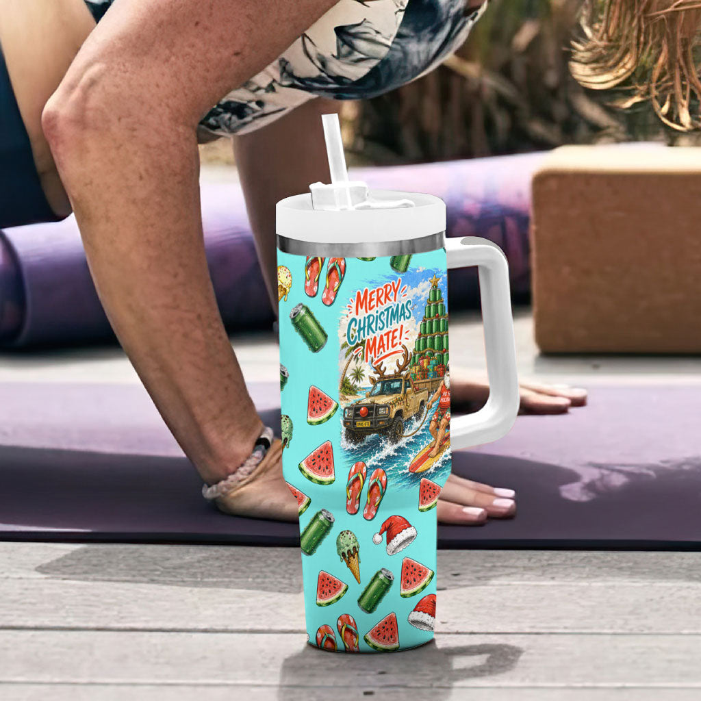 Aussie Christmas Santa Tumbler With Handle Retro Cartoon Summer Holiday Beach - I Ate The Carrots Kangaroo