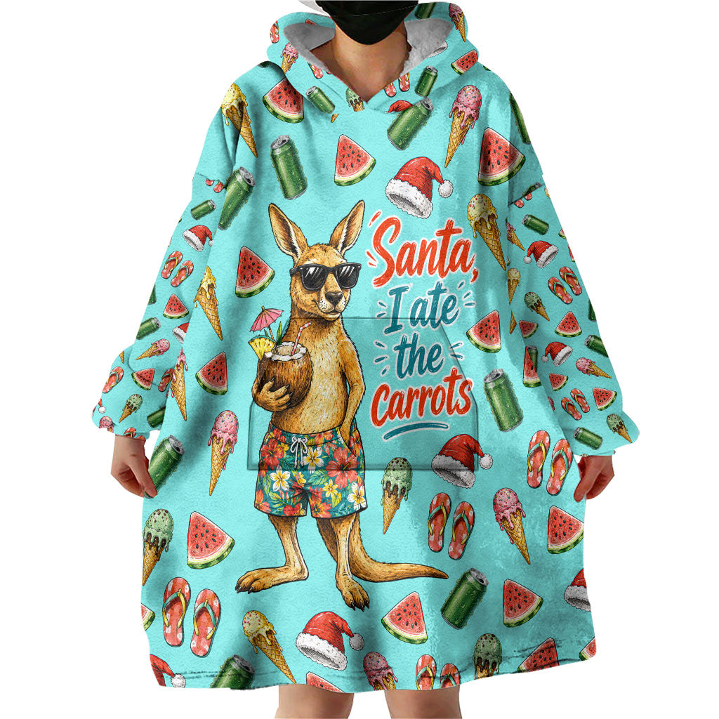 Aussie Christmas Santa Wearable Blanket Hoodie Retro Cartoon Summer Holiday Beach - I Ate The Carrots Kangaroo