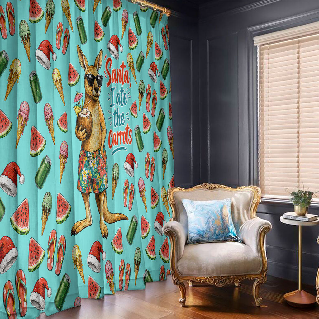 Aussie Christmas Santa Window Curtain Retro Cartoon Summer Holiday Beach - I Ate The Carrots Kangaroo