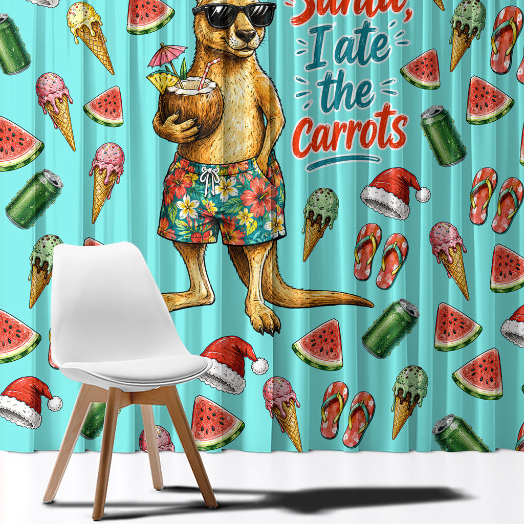 Aussie Christmas Santa Window Curtain Retro Cartoon Summer Holiday Beach - I Ate The Carrots Kangaroo