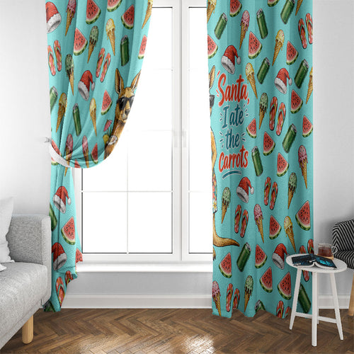 Aussie Christmas Santa Window Curtain Retro Cartoon Summer Holiday Beach - I Ate The Carrots Kangaroo