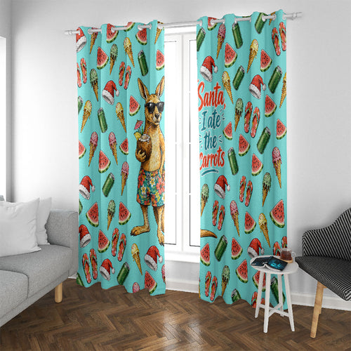 Aussie Christmas Santa Window Curtain Retro Cartoon Summer Holiday Beach - I Ate The Carrots Kangaroo