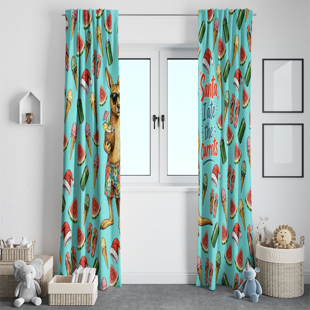 Aussie Christmas Santa Window Curtain Retro Cartoon Summer Holiday Beach - I Ate The Carrots Kangaroo