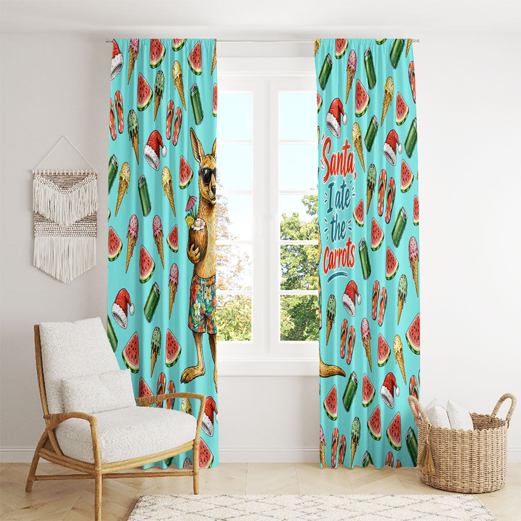 Aussie Christmas Santa Window Curtain Retro Cartoon Summer Holiday Beach - I Ate The Carrots Kangaroo