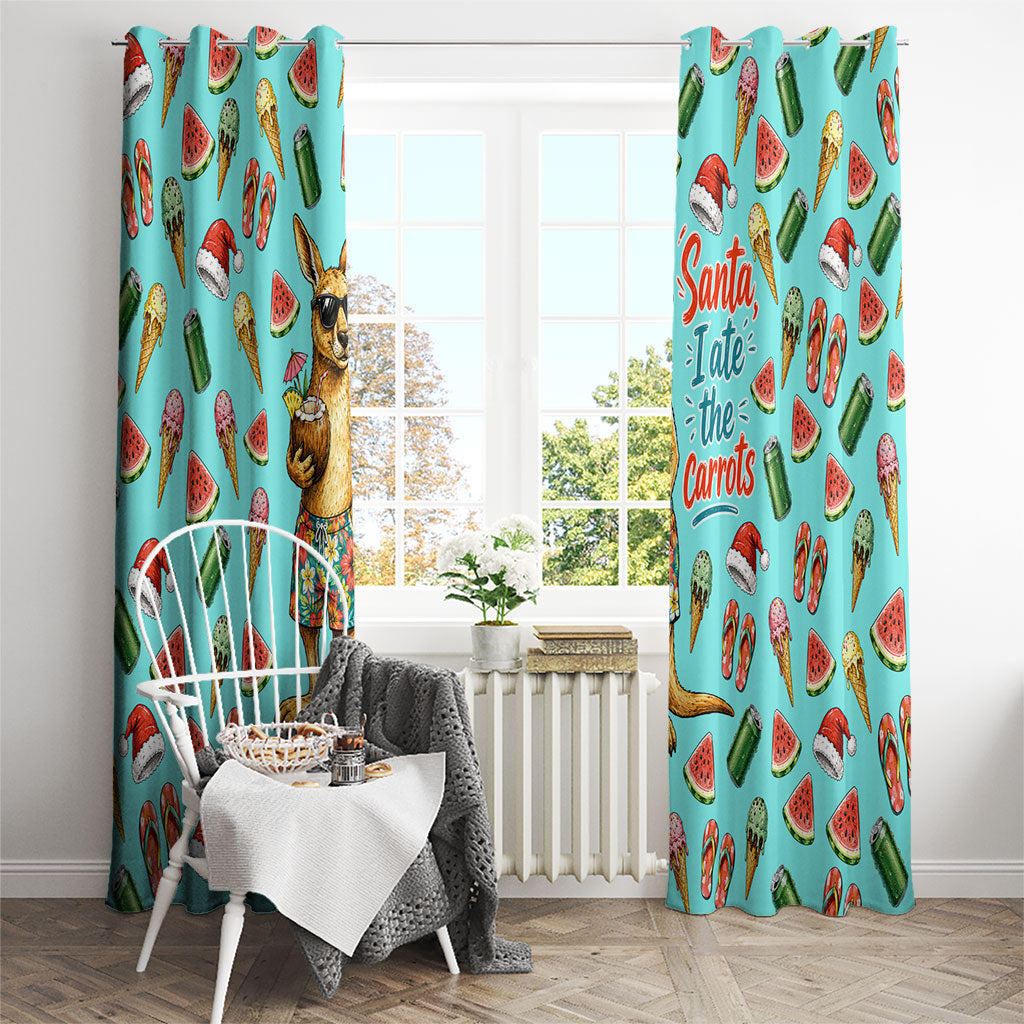Aussie Christmas Santa Window Curtain Retro Cartoon Summer Holiday Beach - I Ate The Carrots Kangaroo