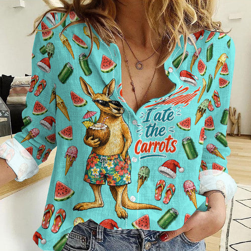 Aussie Christmas Santa Women Casual Shirt Retro Cartoon Summer Holiday Beach - I Ate The Carrots Kangaroo