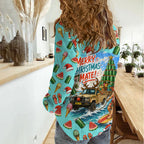 Aussie Christmas Santa Women Casual Shirt Retro Cartoon Summer Holiday Beach - I Ate The Carrots Kangaroo
