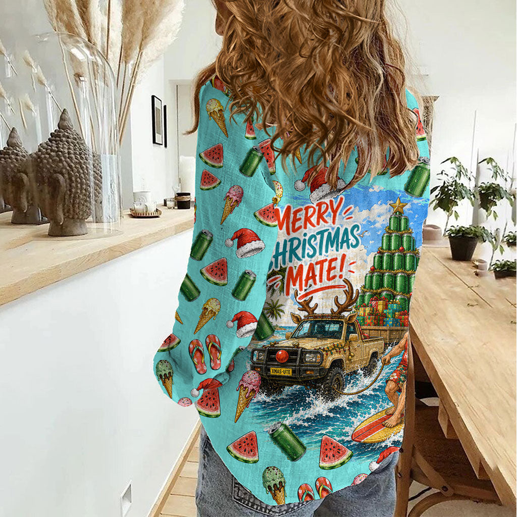 Aussie Christmas Santa Women Casual Shirt Retro Cartoon Summer Holiday Beach - I Ate The Carrots Kangaroo