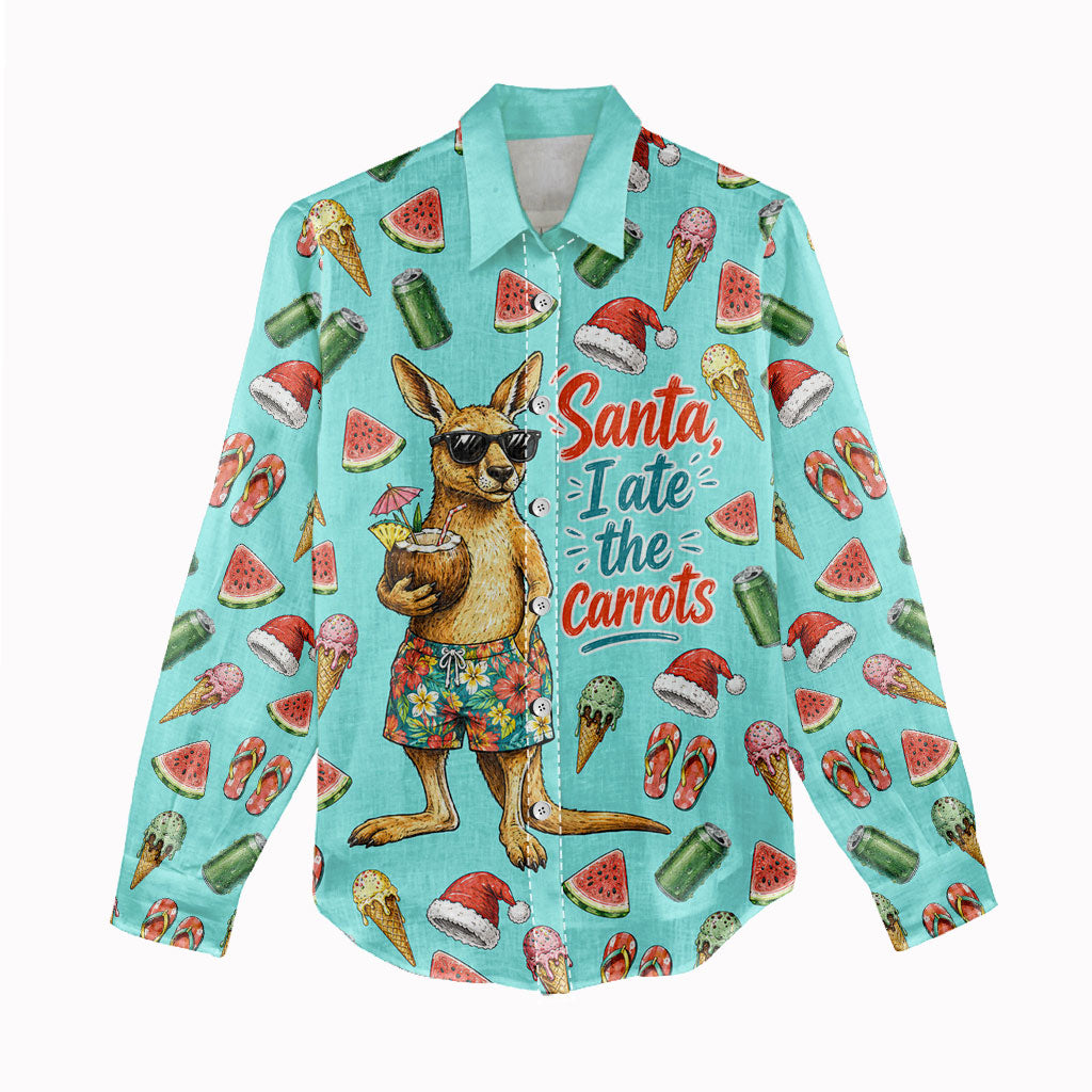 Aussie Christmas Santa Women Casual Shirt Retro Cartoon Summer Holiday Beach - I Ate The Carrots Kangaroo