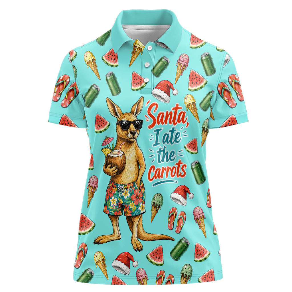 Aussie Christmas Santa Women Polo Shirt Retro Cartoon Summer Holiday Beach - I Ate The Carrots Kangaroo