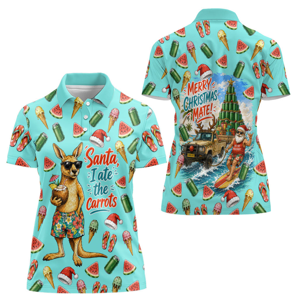 Aussie Christmas Santa Women Polo Shirt Retro Cartoon Summer Holiday Beach - I Ate The Carrots Kangaroo