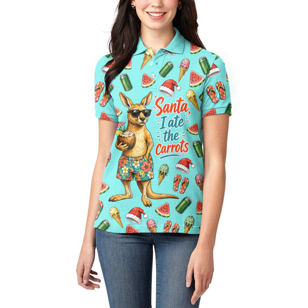Aussie Christmas Santa Women Polo Shirt Retro Cartoon Summer Holiday Beach - I Ate The Carrots Kangaroo