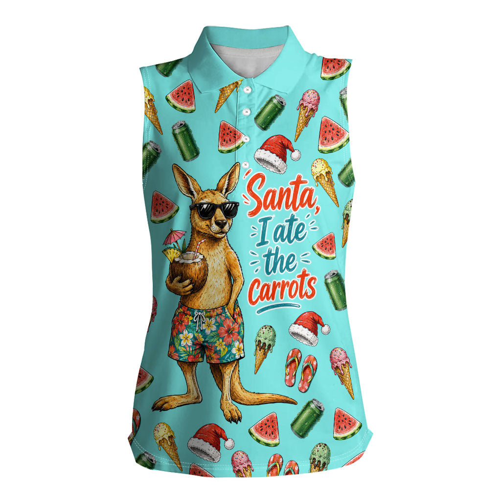 Aussie Christmas Santa Women Sleeveless Polo Shirt Retro Cartoon Summer Holiday Beach - I Ate The Carrots Kangaroo