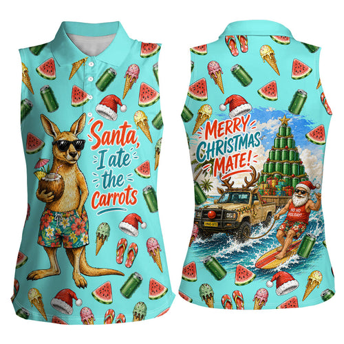 Aussie Christmas Santa Women Sleeveless Polo Shirt Retro Cartoon Summer Holiday Beach - I Ate The Carrots Kangaroo