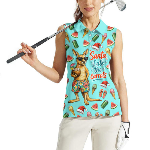 Aussie Christmas Santa Women Sleeveless Polo Shirt Retro Cartoon Summer Holiday Beach - I Ate The Carrots Kangaroo