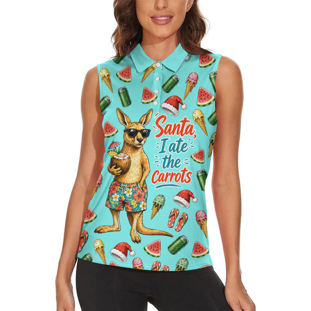 Aussie Christmas Santa Women Sleeveless Polo Shirt Retro Cartoon Summer Holiday Beach - I Ate The Carrots Kangaroo
