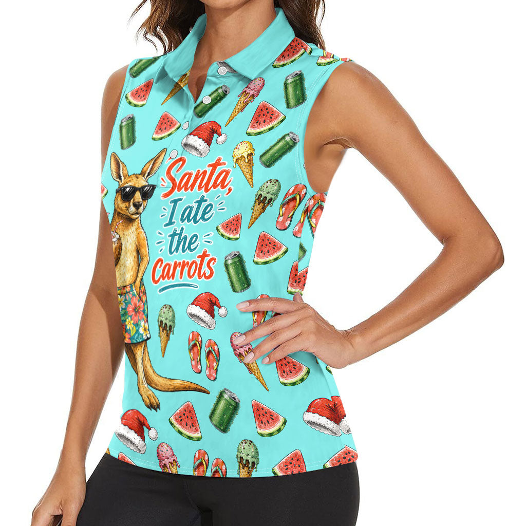 Aussie Christmas Santa Women Sleeveless Polo Shirt Retro Cartoon Summer Holiday Beach - I Ate The Carrots Kangaroo