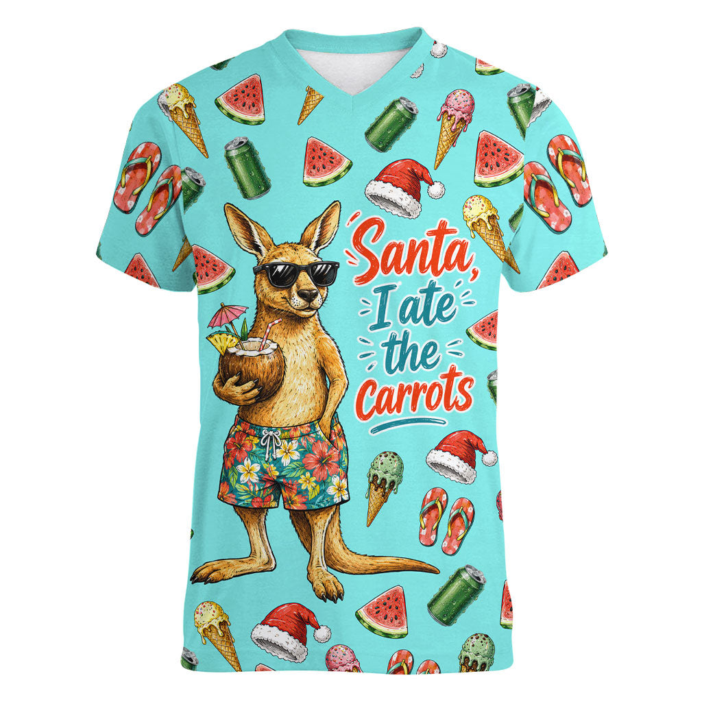 Aussie Christmas Santa Women V-Neck T-Shirt Retro Cartoon Summer Holiday Beach - I Ate The Carrots Kangaroo