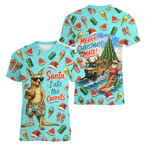 Aussie Christmas Santa Women V-Neck T-Shirt Retro Cartoon Summer Holiday Beach - I Ate The Carrots Kangaroo