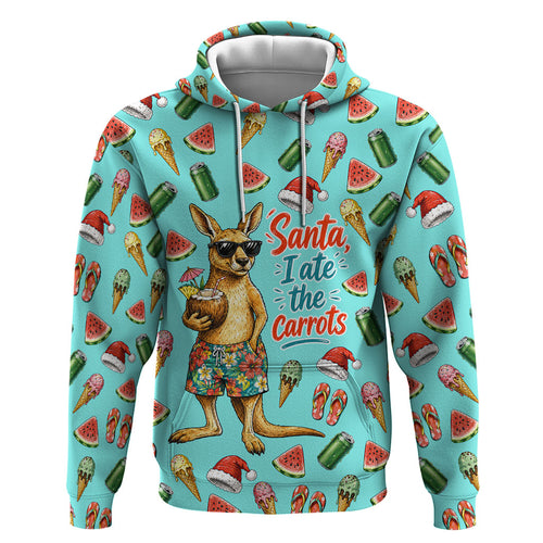 Aussie Christmas Santa Zip Hoodie Retro Cartoon Summer Holiday Beach - I Ate The Carrots Kangaroo