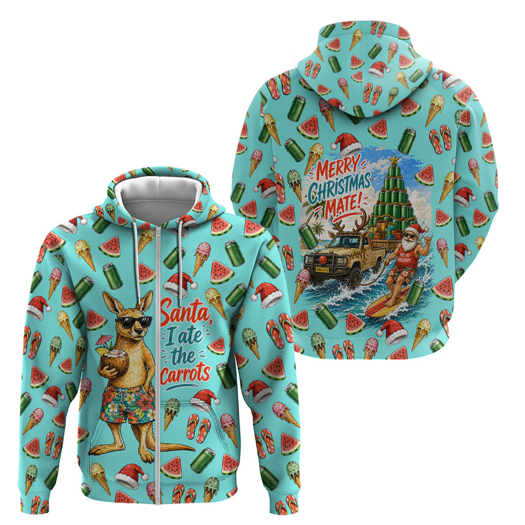 Aussie Christmas Santa Zip Hoodie Retro Cartoon Summer Holiday Beach - I Ate The Carrots Kangaroo