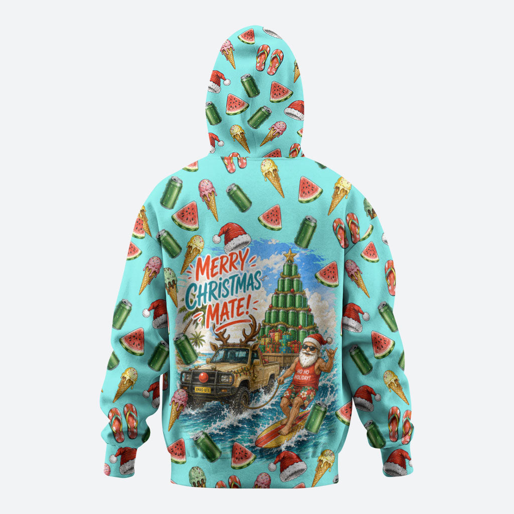 Aussie Christmas Santa Zip Hoodie Retro Cartoon Summer Holiday Beach - I Ate The Carrots Kangaroo
