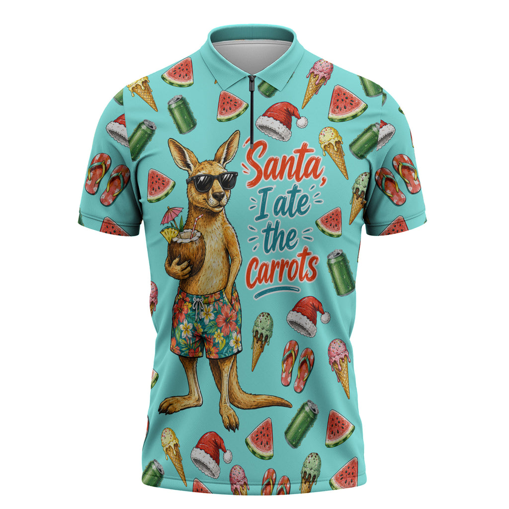 Aussie Christmas Santa Zipper Polo Shirt Retro Cartoon Summer Holiday Beach - I Ate The Carrots Kangaroo