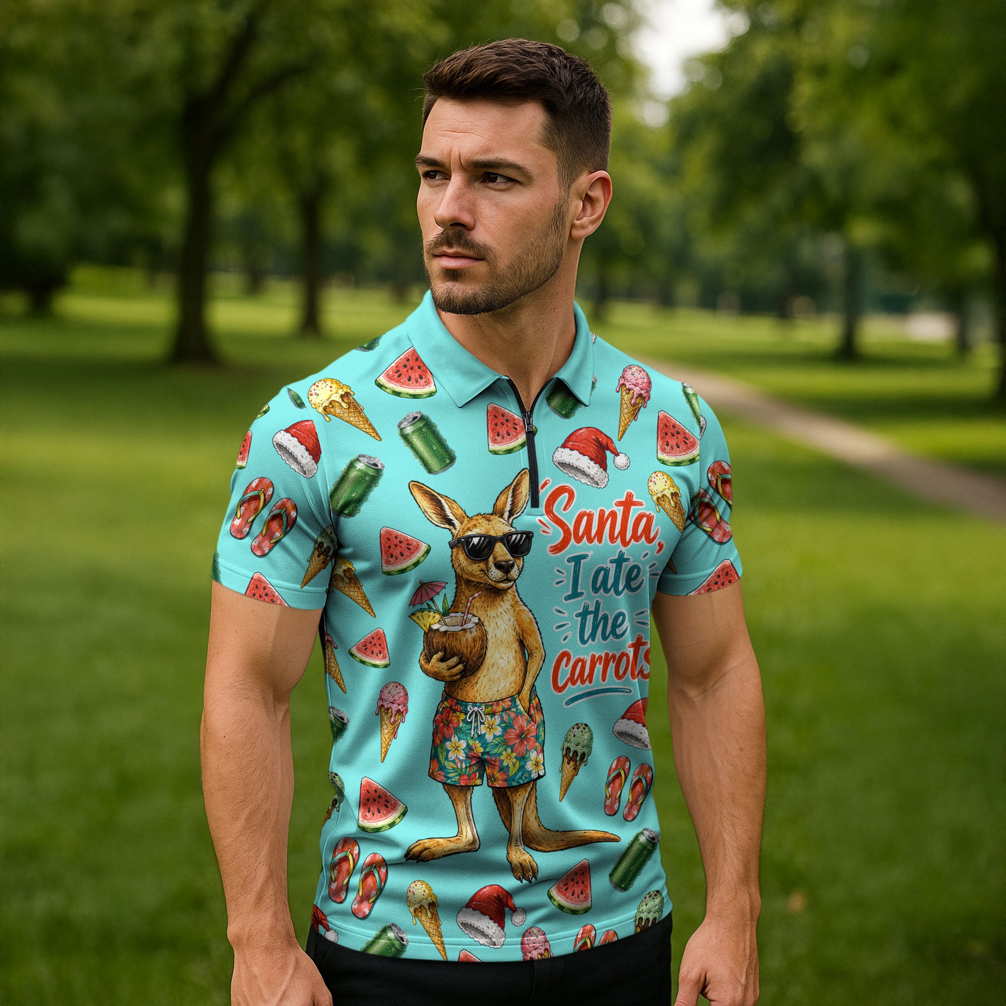 Aussie Christmas Santa Zipper Polo Shirt Retro Cartoon Summer Holiday Beach - I Ate The Carrots Kangaroo