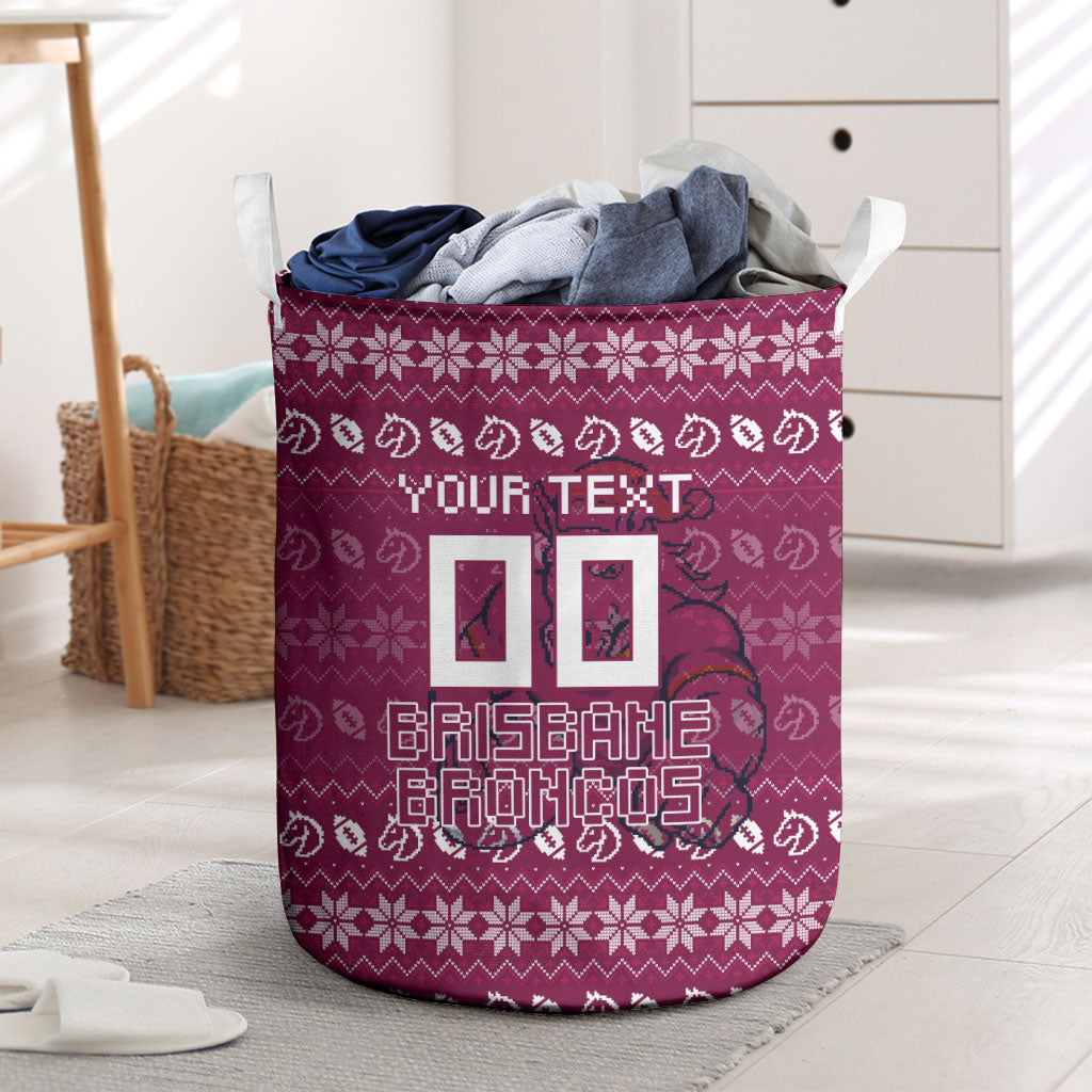Personalized Brisbane Broncos Christmas Laundry Basket Australian Rugby Fans - Pixelated Ugly Xmas Pattern Mascot Santa