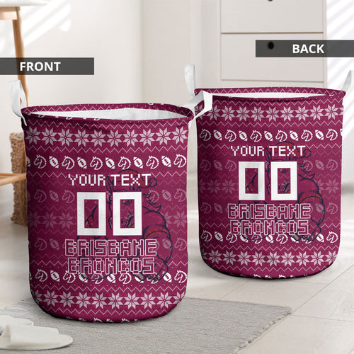 Personalized Brisbane Broncos Christmas Laundry Basket Australian Rugby Fans - Pixelated Ugly Xmas Pattern Mascot Santa