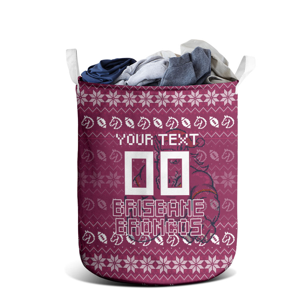 Personalized Brisbane Broncos Christmas Laundry Basket Australian Rugby Fans - Pixelated Ugly Xmas Pattern Mascot Santa