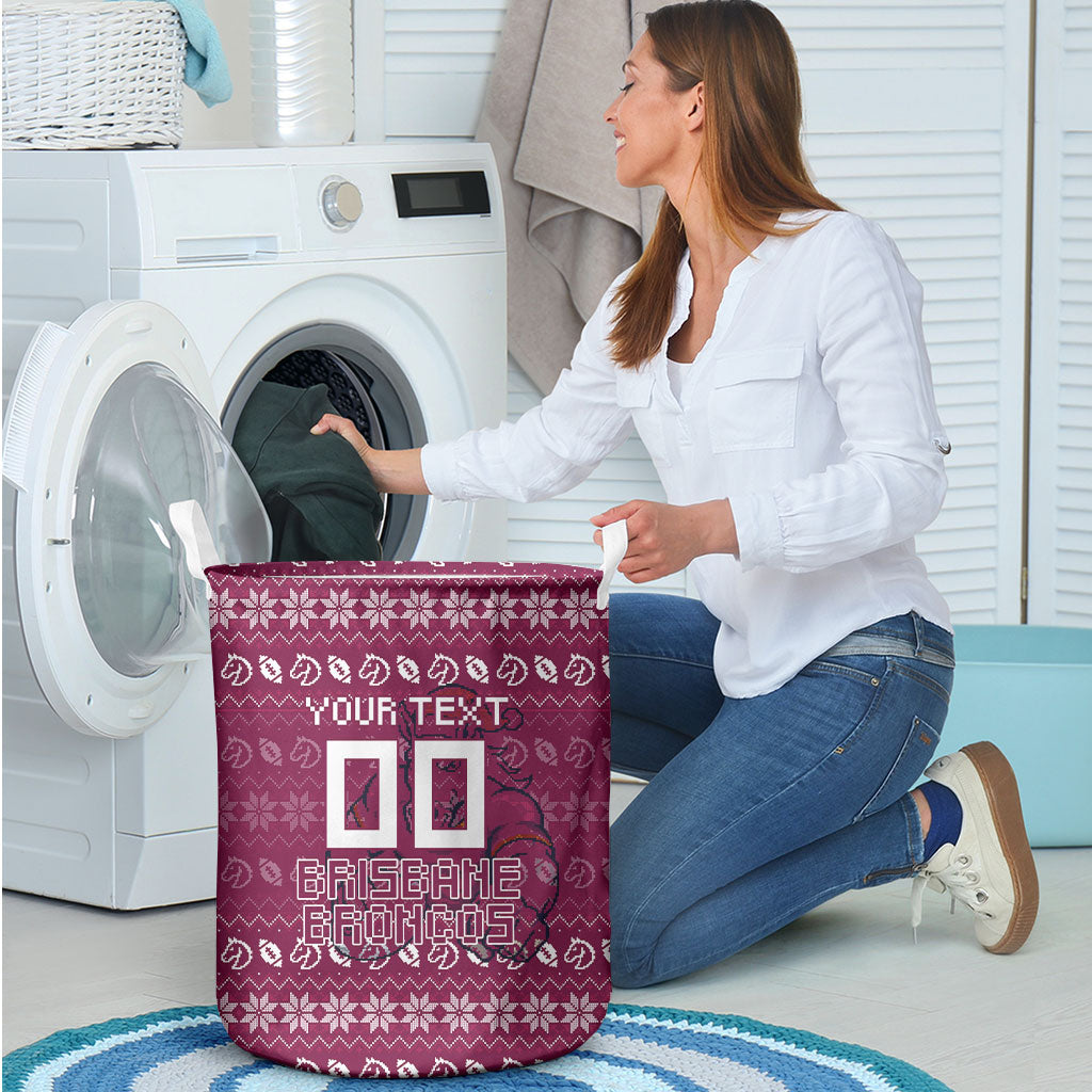Personalized Brisbane Broncos Christmas Laundry Basket Australian Rugby Fans - Pixelated Ugly Xmas Pattern Mascot Santa