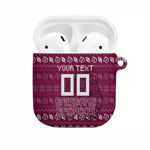 Personalized Brisbane Broncos Christmas AirPods Case Australian Rugby Fans - Pixelated Ugly Xmas Pattern Mascot Santa