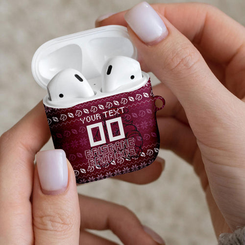 Personalized Brisbane Broncos Christmas AirPods Case Australian Rugby Fans - Pixelated Ugly Xmas Pattern Mascot Santa