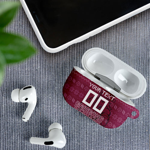 Personalized Brisbane Broncos Christmas AirPods Case Australian Rugby Fans - Pixelated Ugly Xmas Pattern Mascot Santa