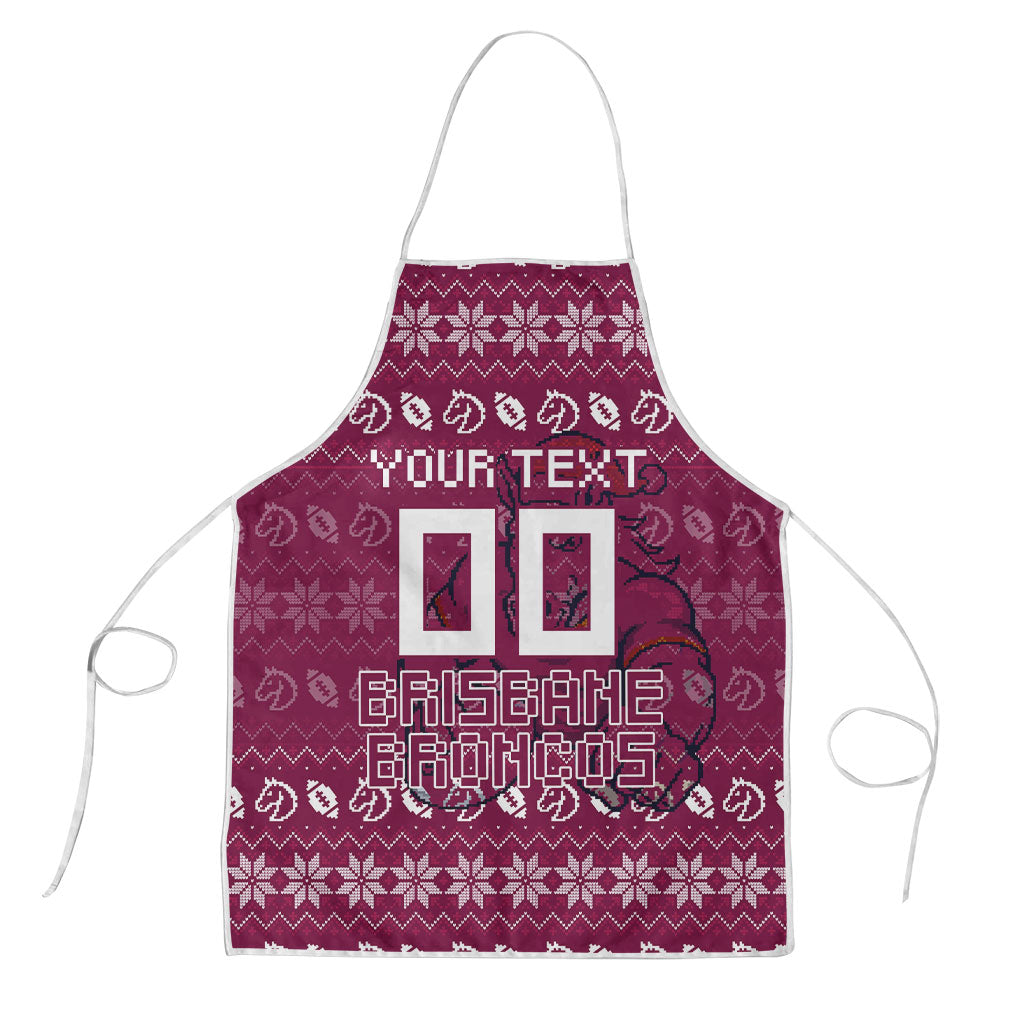 Personalized Brisbane Broncos Christmas Apron Australian Rugby Fans - Pixelated Ugly Xmas Pattern Mascot Santa