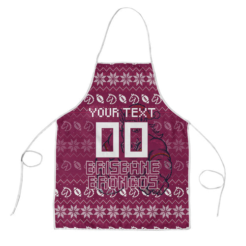 Personalized Brisbane Broncos Christmas Apron Australian Rugby Fans - Pixelated Ugly Xmas Pattern Mascot Santa